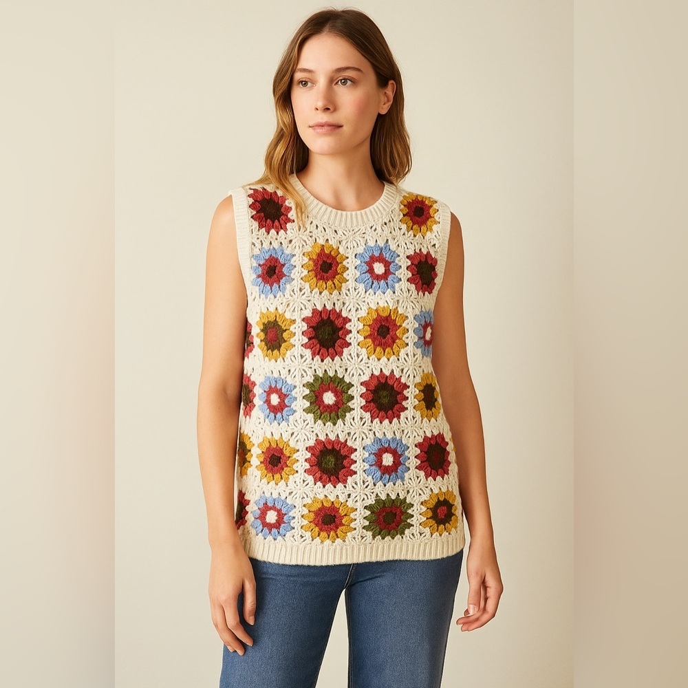 Art of Rhetoric Crochet Sweater‎ Vest S Retro Boho Colorful Knit Top STM00226-V2